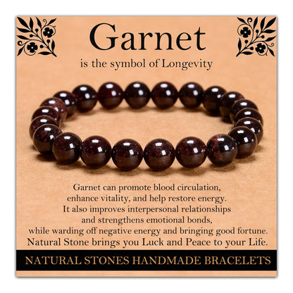 Handmade Natural Gemstone Elastic Bracelet - Healing Crystal Beads Jewelry, Unisex (Garnet, 8mm)