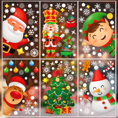9 Sheets 200+Pcs Christmas Window Stickers Xmas Decals for Glass Snowflake Santa Claus Reindeer Christm Tree Window Cling Sticker for Decorations