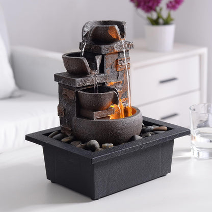 Kalona Décor Desktop Fountain - 10" 4-Tier Design with Imitation Stone, Indoor Waterfall Tabletop River Rocks & Resin Material for Serene Meditation & Relaxation - Ideal for Home & Office Decor