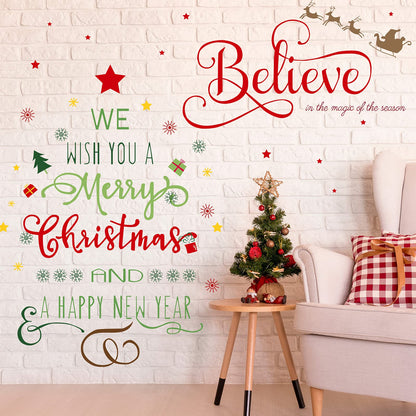 Outus Happy New Year Decal Stickers Believe Quotes Wall Decals Reindeer Christmas Tree Wall Art Decals Decor Removable Modern for New Year Party Supplies Home Window Decor