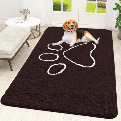 OLANLY Dog Door Mat for Muddy Paws 70x46, Paw Print Design, Absorbs Moisture and Dirt, Absorbent Non-Slip Washable Doormat, Quick Dry Chenille Mud Mat for Dogs, Entry Indoor Entryway Carpet, Brown