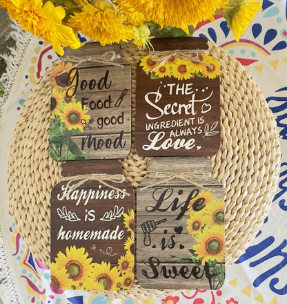 4 Pieces Kitchen Wall Decor Mason Jar Set, Wooden Kitchen Dining Room Signs Country Wall Art Farmhouse Tiered Tray Decor 7.1 * 4.7Inch (Sunflower)