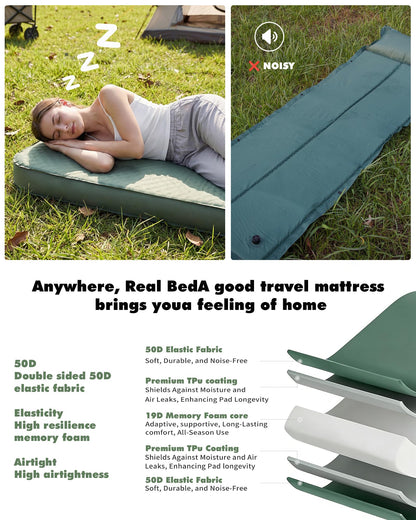 Self-Inflating Sleeping Pad With Electric Pump, 4" Ultra-Thick Memory Foam Camping Mattress For Tent Car Travel, Fast Inflation 20s, 9.5 R-Value 4-Season Insulated, Compact Portable Comfort