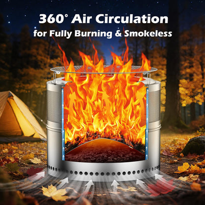 Smokeless Fire Pit with Grill Grate 20 Inch, Portable Stainless Steel Smokeless Firepit, Wood Burning Low Smoke Camping Fire Pit with Ash Pan & Carrying Bag, 360° Airflow, 16.5 lbs for RV & Patio