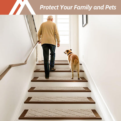 COSY HOMEER Edging Stair Treads Non-Slip Carpet Mat 28inX9in Indoor Stair Runners for Wooden Steps, Edging Stair Rugs for Kids and Dogs, 100% Polyester TPE Backing (15pc, Beige)