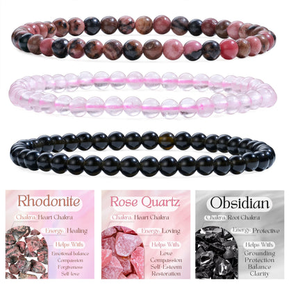 Bivei 3-Piece 4mm Beaded Bracelets for Women – Rhodonite, Rose Quartz, Black Obsidian – Handmade Natural Crystal Stretch Elastic Jewelry for Meditation, Yoga, Protection Gifts