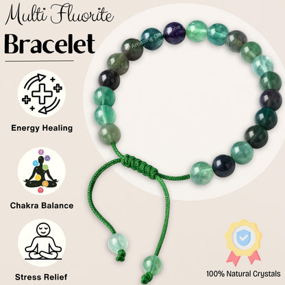 Amazing Gemstone Multi Fluorite Bracelet for Women Men's Gifts - Protection Healing Crystal Bracelet - 8mm Gemstones Beaded Adjustable Bracelet Pulseras Para Hombres Mujer Stocking Stuffers