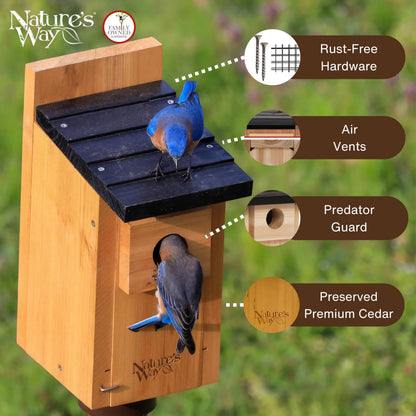 Nature’s Way Cedar Bluebird & Cavity Nesting House, Predator Guard, Ventilated Design & Easy Access Clean-Out Panel, Natural Wood
