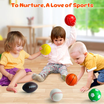Billeeit Mini Sports Balls Set for Toddler 1-3, Sports Bag for Kids, Include 1 Each of 3.5" Foam Soccer, Tennis Ball, Basketball, Football, Baseball, Volleyball, Fun Baby Ball Toys, Set of 6