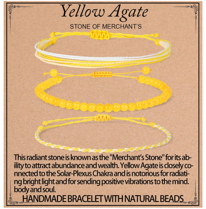 QOGIR Handmade Healing Bracelets,4mm Natural Yellow Agate Gem Stone Beads Bracelet for Men Women Gifts with 2PCS Size Adjustable Rope Bracelets