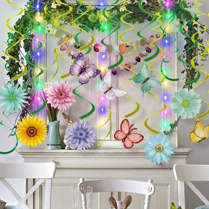 33pcs Spring Hanging Decorations for Home - Flower Butterfly Hanging Swirls with Led Lights for Spring Summer Easter Flower Butterfly Themed Birthday Party Decorations