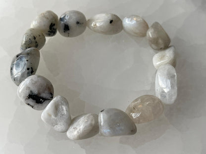GAF TREASURES Rainbow Moonstone Crystal Nugget Bracelet, Genuine Rainbow Moonstone Tumbled Gemstone Bracelet, Healing Crystal Bracelet, Gift for Men & Women (1)