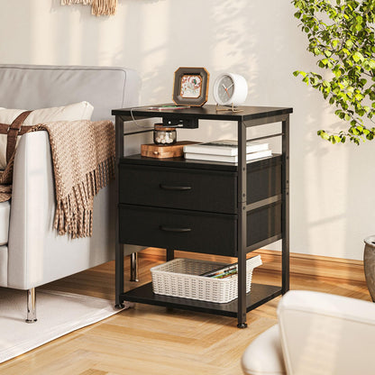 AODK Nightstand with Charging Station & LED Lights, 27.6" Tall Bedside Table with 4-Tier Storage, 2 Fabric Drawers & 2 Open Shelves, Space-Saving End Table for Bedroom, Black