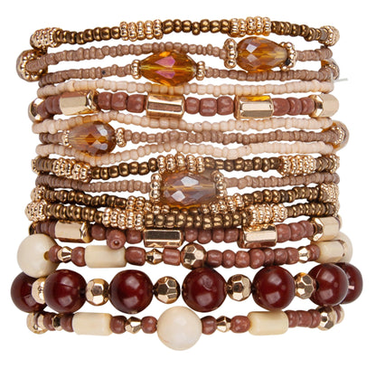 SPUNKYsoul "Naomi Stretch Bracelet Stack | 16 Individual Beaded Stretch Bracelets | Neutral Earth Tone Boho Layered Jewelry Set (Brown & Gold)