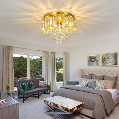 zhllmq 5 Light Gold Crystal Ceiling Light Flush Mount Ceiling Light Crystal Close to Ceiling Light Fixtures for Living Room Bedroom Kitchen Hallway