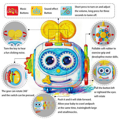 MoraBaby Robot Musical Busy Cube for Toddlers 1-3 Years Old, Montessori 6-in-1 Activity Cube with Lights & Sounds, Wheels for Tummy Time & Crawling Training, Birthday Gifts for Baby boy & Girl