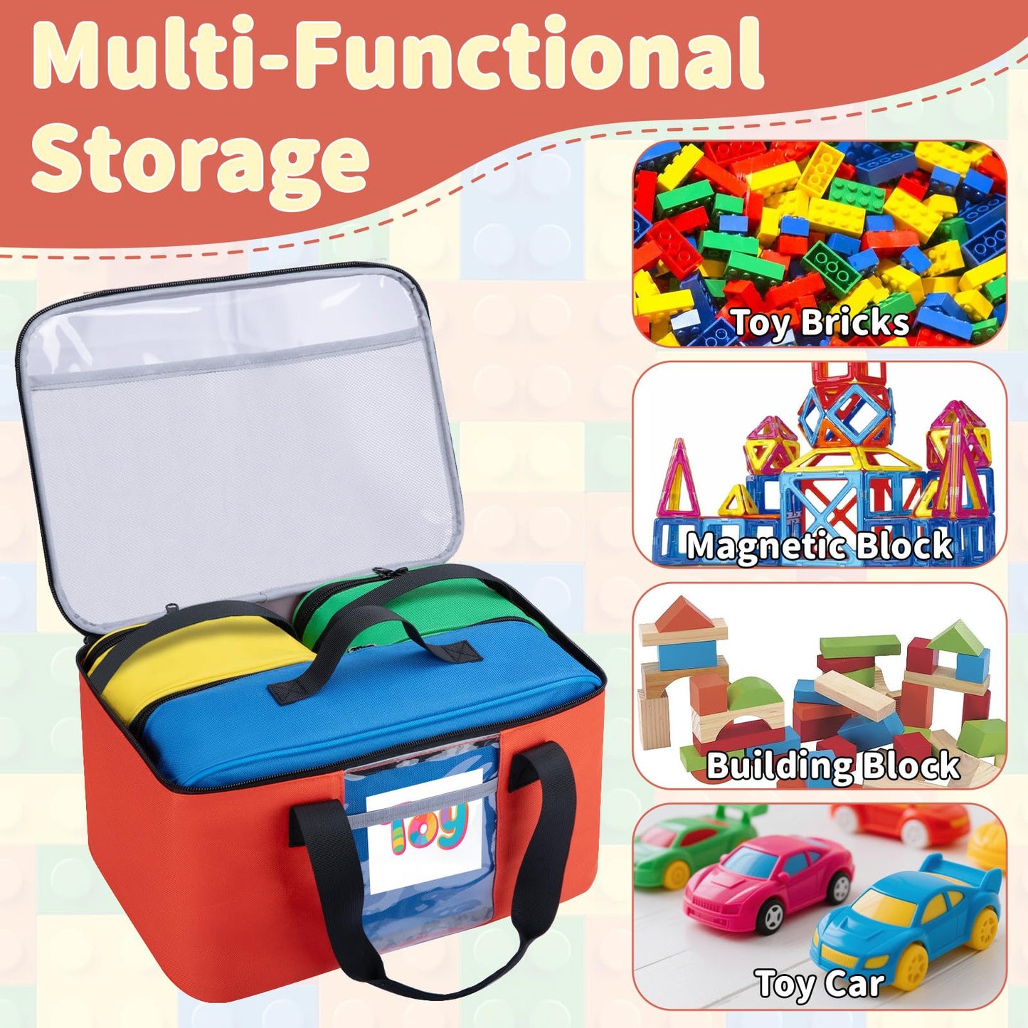 Wigojoy 4 PCS Magnetic Tiles Storage Bag, Toy Storage Bags With Visual Top Flap, Label Pocket and Mesh Pockets Fit for LEGO, Building Blocks, Magnetic Tiles, Toy Cars
