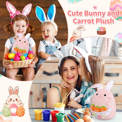 Prewplam Easter Bunny Stuffed Animal, Soft Bunny Plush with 3 Pcs Carrot Stuffed Animals, Cute Rabbit Plush Toys Gifts for Kids Girls Boys (Pink)