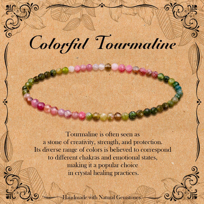 BONNY BOXX Natural Genuine Gemstone Faceted Round Beads Bracelets, 3mm Adjustable Stretchy Tiny Faceted Colorful Tourmaline Bracelet, Healing Crystal Reiki Chakra Dainty Jewelry Fashion Gifts