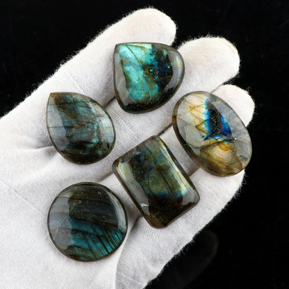 CRYSTALIS Wholesale 5pcs Natural Labradorite Loose Gemstone Bulk Cabochons Jewelry Making Supply, Chakra Healing Polished Stones, Wire Wrapping, DIY, Gem Collection