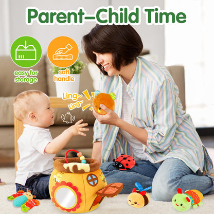 Thremhoo Baby Toys 6-12 Months - Soft Beehive with 5 Stuffed Animals, Rattle, Crinkle, Mirror, Montessori Sensory Toys for Babies 6 7 8 9 10 Months Old Baby Boy Girl Shower Gifts Ages 0-2