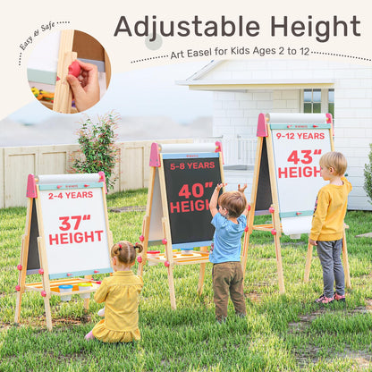WINGYZ 3-in-1 Art Easel for Kids – Sturdy Pine Wood Easel with Magnetic Whiteboard, Chalkboard & 400" Paper Roll, Foldable Adjustable Heights for Ages 2-12, Complete Tool-Free Art Station
