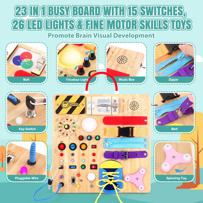 Busy Board 23 in 1 Montessori Toy for Toddlers Age 1 to 3 Wooden Educational Learning Toy with 15 Switches 26 LED Lights Music Box Lock Zipper Sensory Toy for Soothing Infants