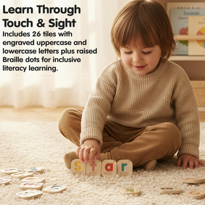 PlanToys Braille Alphabet A-Z Braille-Reading Alphabet Learning Toys - 26 Sustainably-Made Traceable Wooden Tiles with Upper and Lower Case Letters and Braille