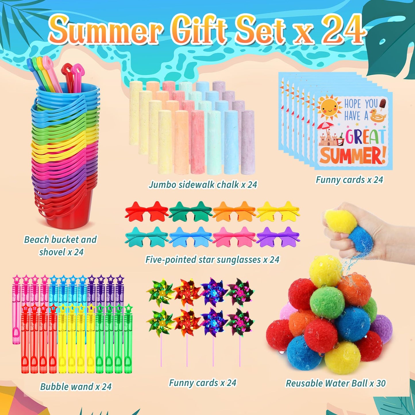 Chivao 192 Pcs Summer End of Year Student Gifts Bulk Pool Beach Party Favors Sand Bucket Shovels Bubble Wands Sunglasses Sidewalk for Classroom Summer Pool Toys Birthday Party Supplies