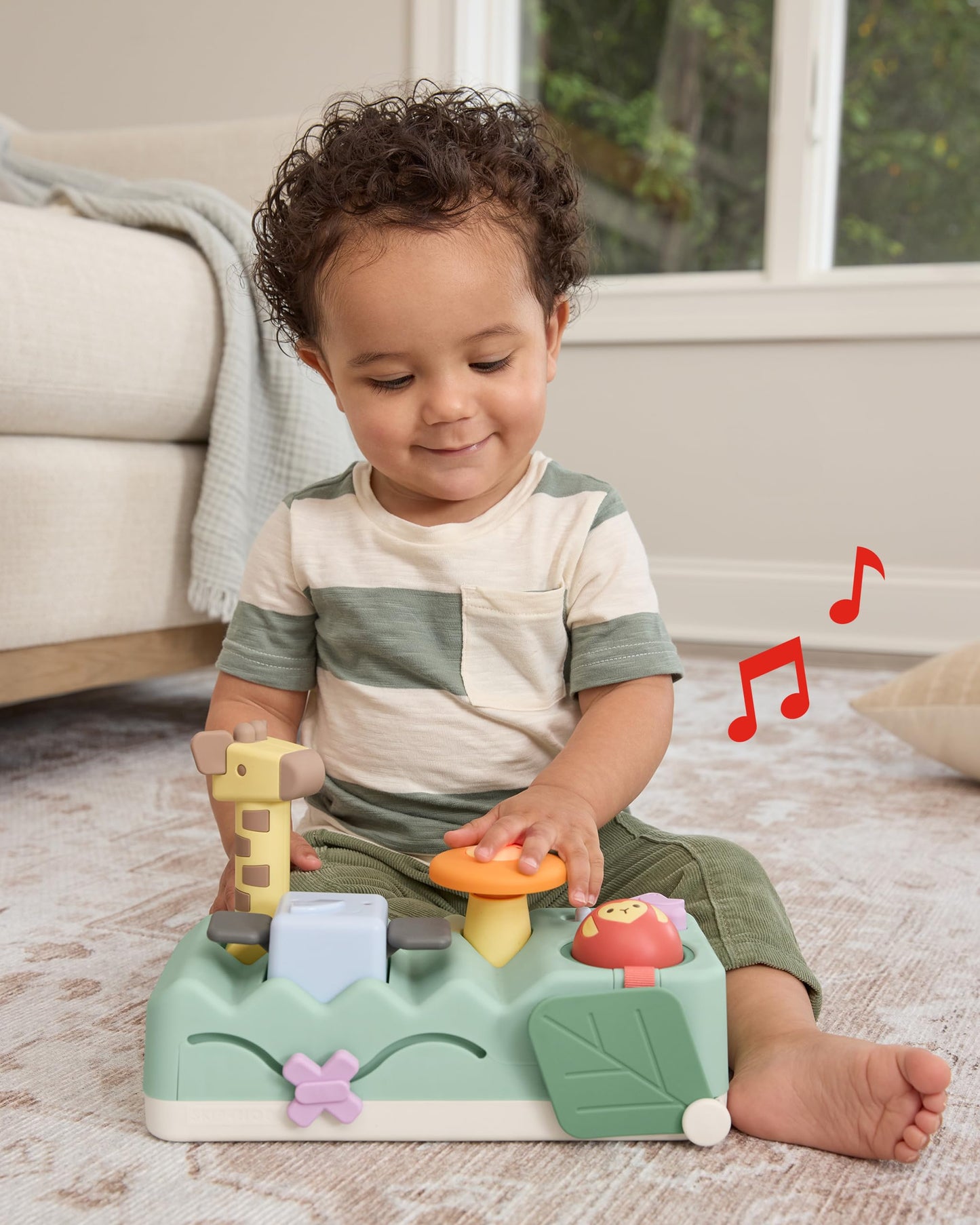 Skip Hop Tummy Time & Seated Play Cause & Effect Developmental Musical Baby Toy with 12 Animal Sounds, Lights, Music and 6 Activities, Geometric Wonders 2-in-1 Pounding Bench, Age 3m+