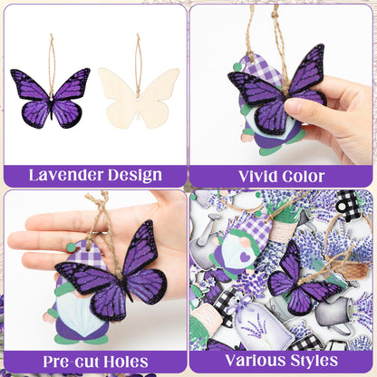 WATINC 37pcs Lavender Wood Hanging Ornament - Spring Summer Wooden Flowers Crafts Hang Decorations, Gnome Floral Tree Ornaments with Rope for Home Kitchen Holiday Party Decor Supplies (12 Styles)