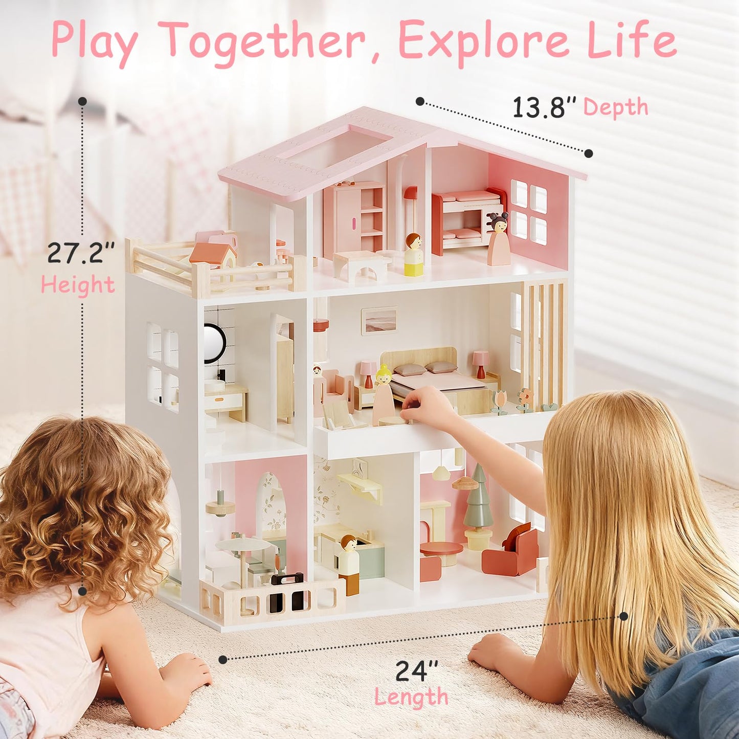 Fabuday Modern Wooden Dollhouse for Kids Girls - 8 Rooms Doll House Playset, DIY Pretend Toy Play Houses Kits with 81 Pcs Furniture Accessories, Dolls & Pets, Gift for Toddlers Ages 3+