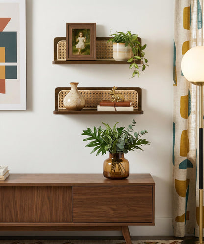Mazjoaru Rattan Wall Shelf Mid Century Modern Decor Floating Shelves Walnut Boho Wall Decor Decorative Shelving Home Decor Living Room Bedroom Coffee Bar Bathroom Plant Photo 16inch