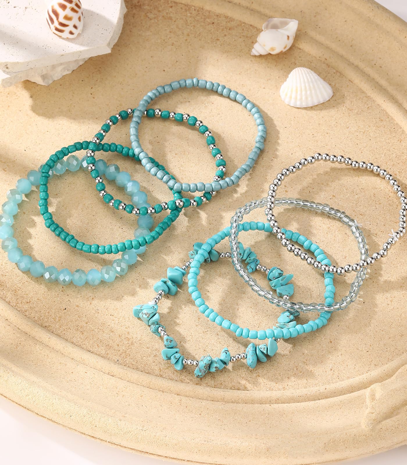 Noessla Boho Beaded Bracelets for Women Stackable Irregular Natural Stone Bead Stretch Bracelet Set 8PCS Costume Jewelry Gifts for Her(Turquoise)