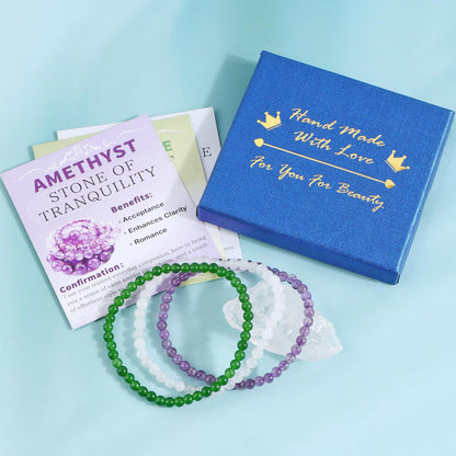NCB 3-Piece 4mm Natural Crystal Gemstone Stretch Bracelets – ﻿Amethyst, Green Jade, White Jade Handmade Reiki Energy Healing Jewelry for Meditation,Yoga, Unisex