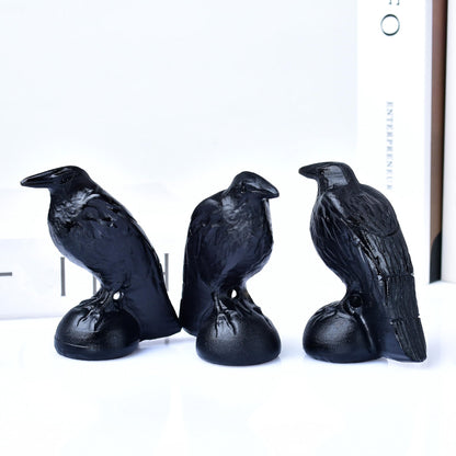 RUIJINGYUAN Black Obsidian Raven Statue 3.15" Large Crow Statue Figurine Healing Crystal Stone Sculpture Reiki Meditation Gothic Home Decor Gift