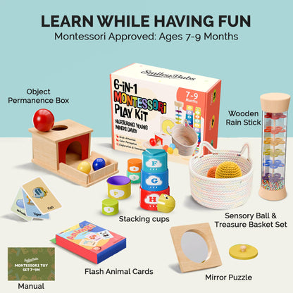 SmileyBubs Montessori Baby Toys 7–9 Months, Developmental Tools for 7+ Month Babies, Baby Sensory Toys - A Sliding Box, Mirror Puzzle, Stacking Cups, Treasure Basket, Rain Stick, Animal Flashcards