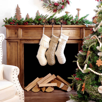 Farmhouse Personalized Knitted Christmas Stockings, 3 Packs 18 inche Knit Christmas Stockings, Rustic Farmhouse Boho Style Stocking Decorations for Family Holiday Season Decor, White & Beige