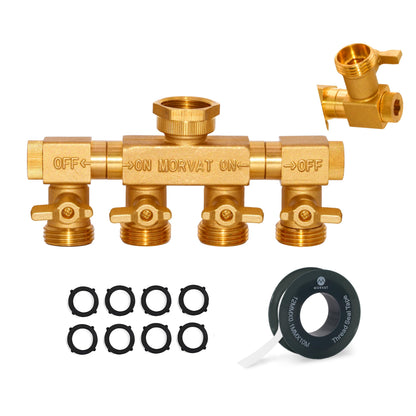 Morvat 4 Way Splitter with Rotating Arms, Heavy Duty Brass Garden Hose Manifold Connector with Comfort Rubber Grip ON/OFF, Adapter for Water Faucet Tap & Spigot, 8 Extra Washers & Teflon Tape