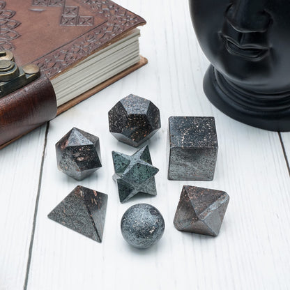 Crocon Hematite 7 Pcs Platonic Solid Sacred Stones Geometry Set for Reiki Healing Chakra Stone Balancing Crystal Cleansing Spiritual Money Good Luck Decor Size: 15-20 mm
