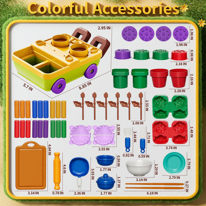 JUKUDAHU 50PCS Play Clay Set Blooming Flower Garden Toy Playset for Kids 3-5, DIY Nature Kits, Pretend Kitchen Toys Accessories with Cart, Toy Dishes, Gifts for Girls Boys Toddlers Ages 3 4 5 6 7 8 9