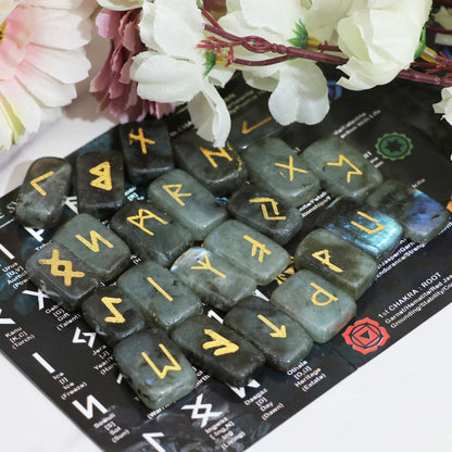 Crocon Labradorite Rectangle Shape Gemstone Rune Stones with Elder Futhark Alphabet Engraved 25 pcs Rune Set Crystal Divination Metaphysical Healing Chakra Reiki Runes Set with a Pouch Size: 21-26mm