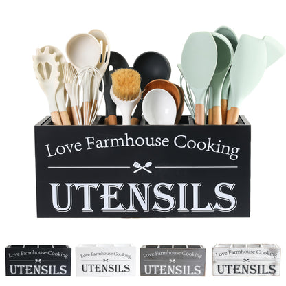 LIBODOUR Utensil Holder,Kitchen Utensil Holder For Kitchen Counter,Extra Large Cooking Spatula Organizer,Farmhouse Wooden Big Storage With 4 Compartments Rustic Flatware Spoon Tool Organizer （Black）