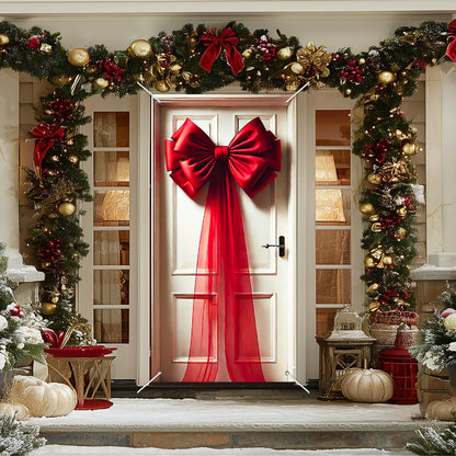 BlissYard Giant Red Bow Christmas Door Cover 35x71 Inch Holiday Entry Banner for Front Door Indoor Outdoor Winter Backdrop Wall Hanging Décor