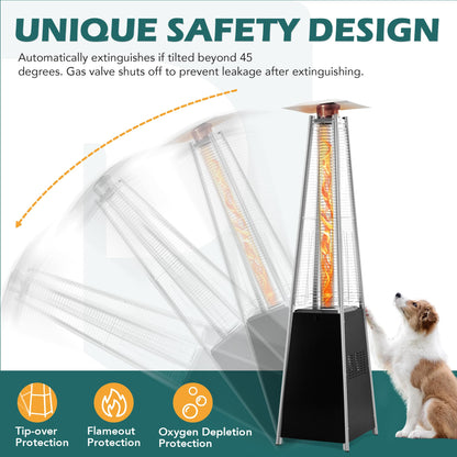 PATIOPIA 48,000 BTU Flame Pyramid Pool Heater With Cover, Triple Safety Protection Portable Patio Heater with Patio Cover, Warm Glass Tube with Durable Wheels-Black