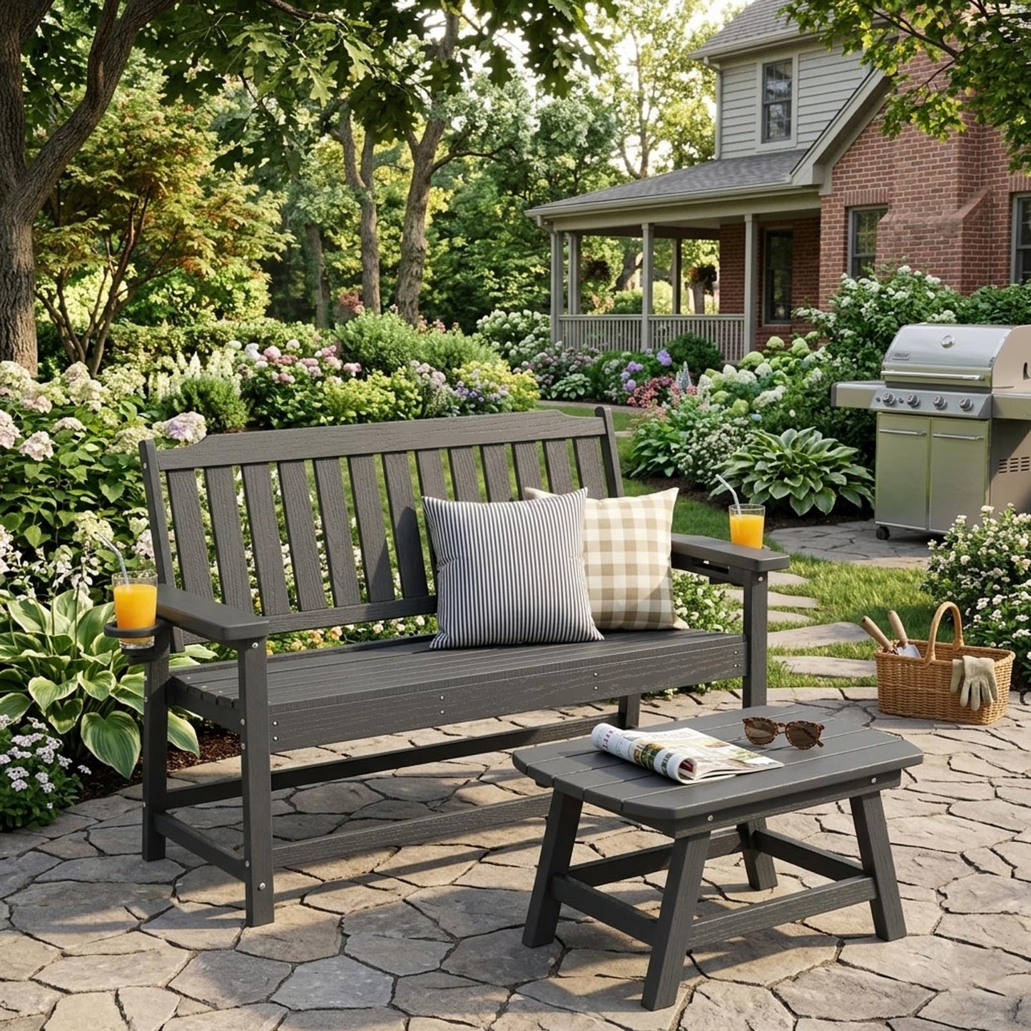 WACASA 48" Outdoor Bench Set of 2, HDPE Weatherproof Porch Bench, 2-Person Garden Benches with 660 Lbs, Waterproof Patio Benches for Outside Balcony Deck Backyard,Grey