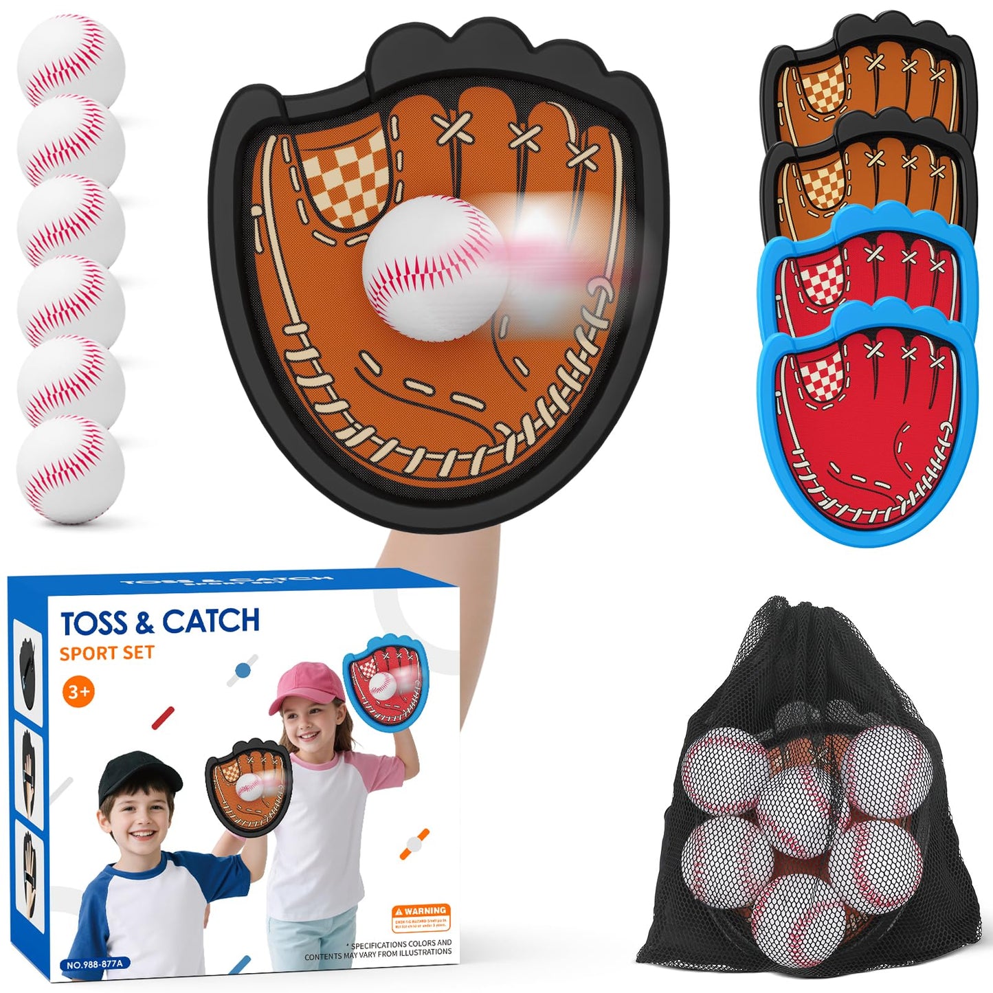 HYES Toss and Catch Ball Game, Outdoor Toys for Kids, Beach Pool Yard Games for Teens & Family, Toddler Baseball Glove Birthday Gifts for 3 4 5 6 7 8+ Year Old Boys & Girls (4 Paddles & 6 Balls)