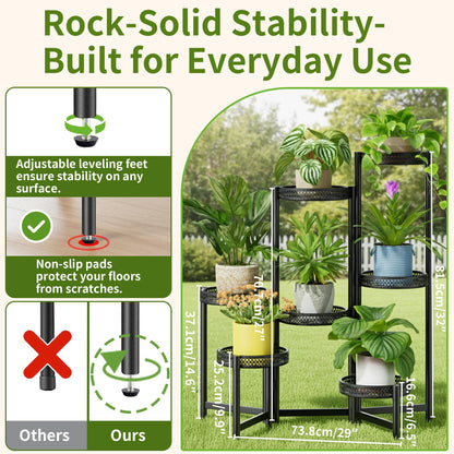 NQW 7 Tier Large Metal Plant Stand Indoor Outdoor with 7.9 Inch Wide Tray, Tiered Corner Plant Stand, Flower Display Holder Shelf, Folding Tall Rack for Patio Porch Balcony Living Room Garden - BlackWave