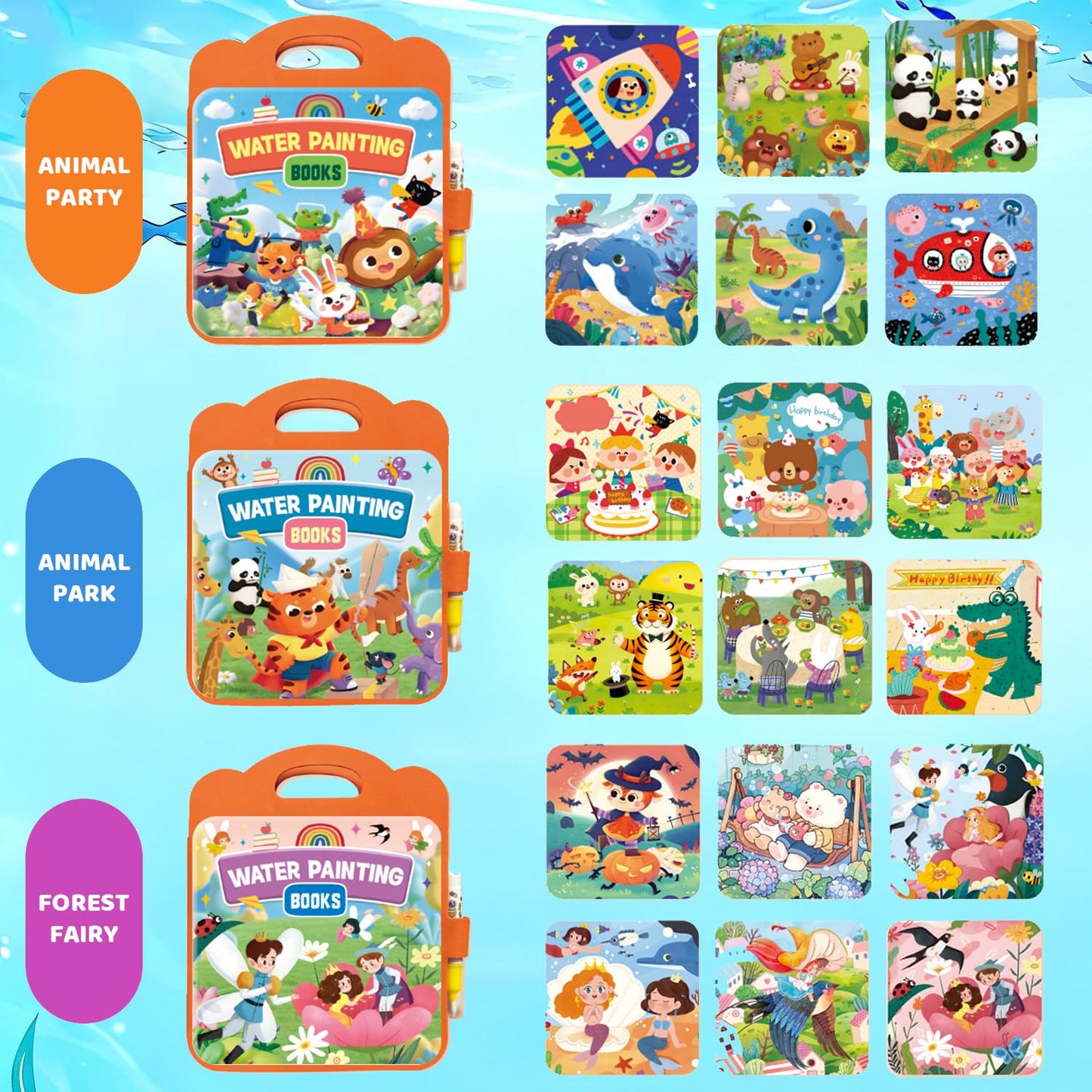 Usmfuie 3 Pcs Reusable Water Painting Book for Toddlers, Water Coloring Books for Kids, Paint with Water Books, Magic Water Color Paint Book with Pen, Water Doodle Book Travel Toys