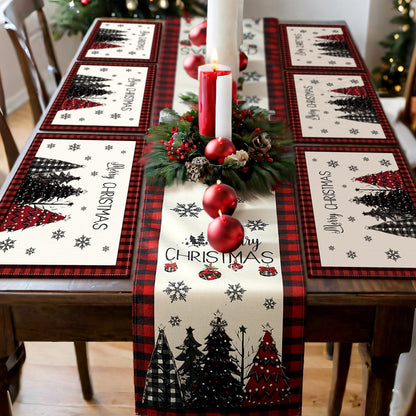 Patelai 7 Pcs Christmas Table Runner and Placemats Set Merry Christmas Buffalo Plaid Table Runner Xmas Placemats Red Black for Holiday Kitchen Dining Room Decor Party Wedding Decoration